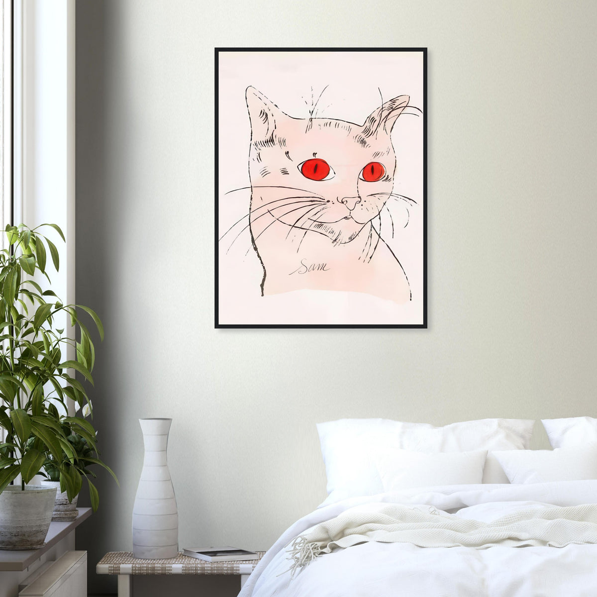 Andy Warhol framed print depicting a spare contour drawing gives the animal its personality, while uncomplicated forms keep the focus on the cat’s outline and pose