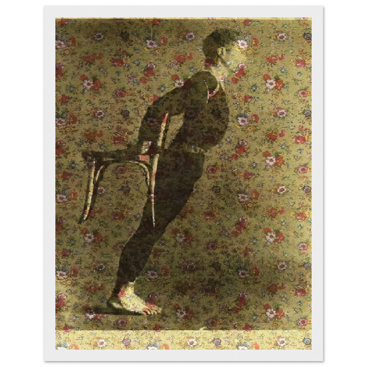 Andy Warhol framed print depicting the dancer leans at a pronounced angle near a chair; floral wrapping paper interrupts the expected studio background; Warhol’s Merce Cunningham I shows the American choreographer and dancer at the intersection of visual, white frame, 27x35 cm / 11x14″