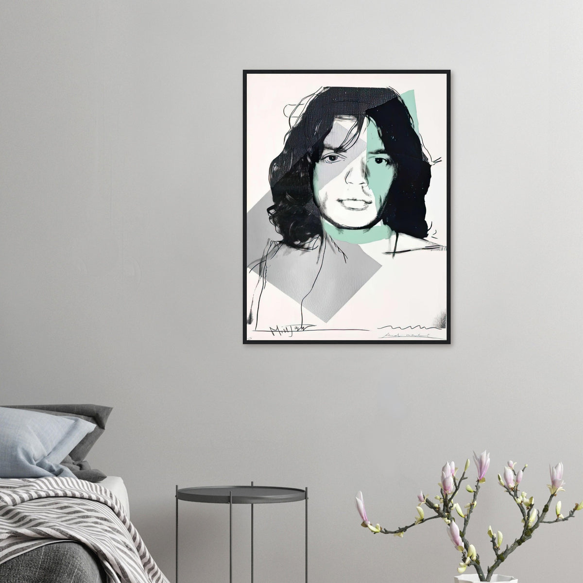 Andy Warhol framed print depicting a three-quarter portrait overlays green and grey colour fields; careful drawn contours place unusual emphasis on the singer’s eye; Warhol’s ten Mick Jagger portraits followed a long friendship with the Rolling Stones singer, including