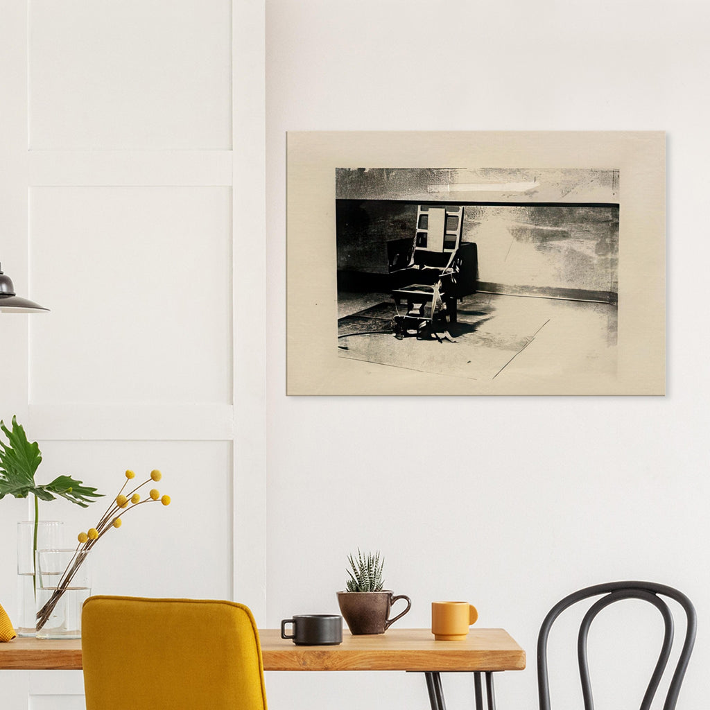 Andy Warhol canvas print depicting the stark chair, its surroundings and the tense emptiness of the room, a detail that connects the composition to its broader artistic subject