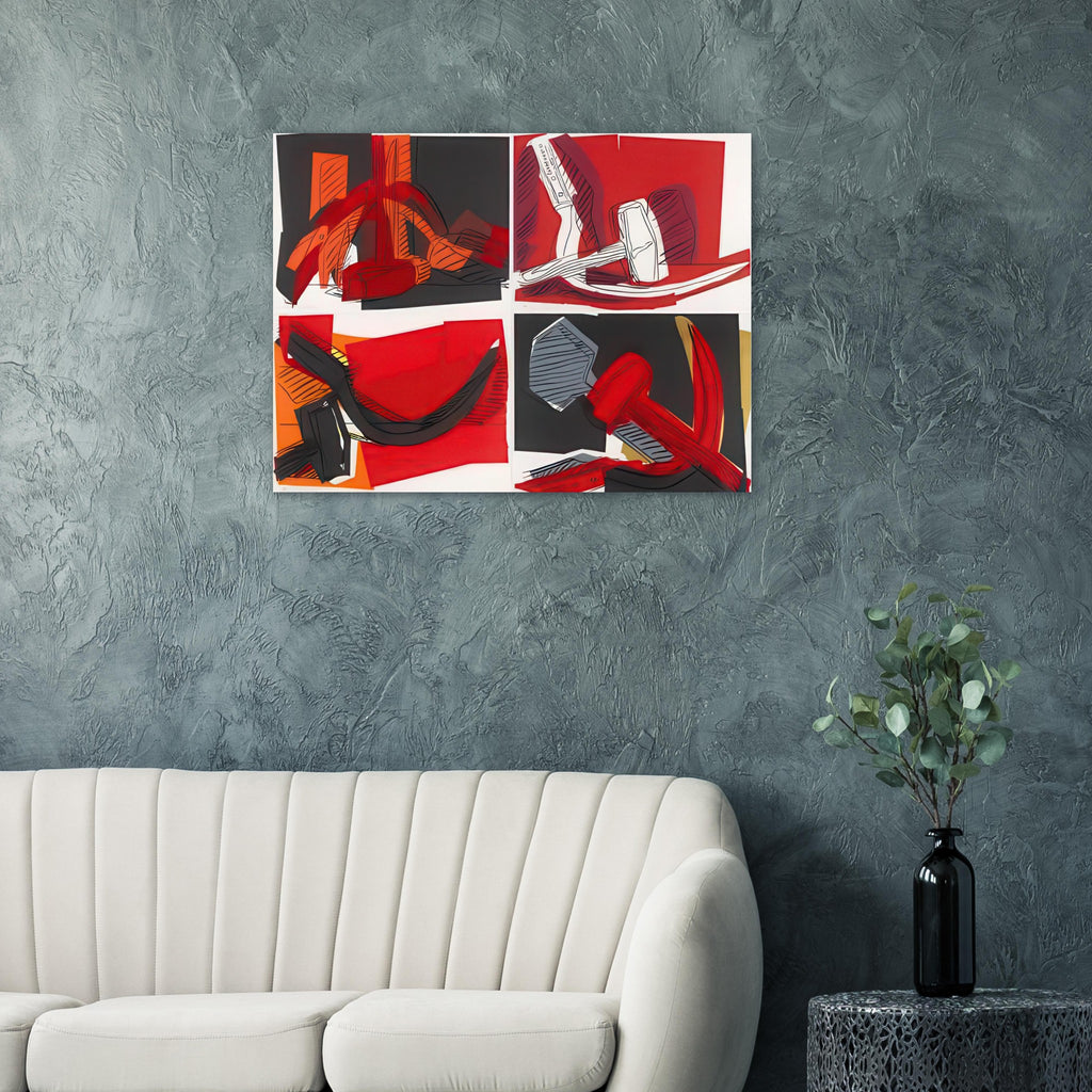 Andy Warhol poster depicting the industrial hammer and curved sickle as emphatic, intersecting shapes, a detail that connects the composition to its broader artistic subject