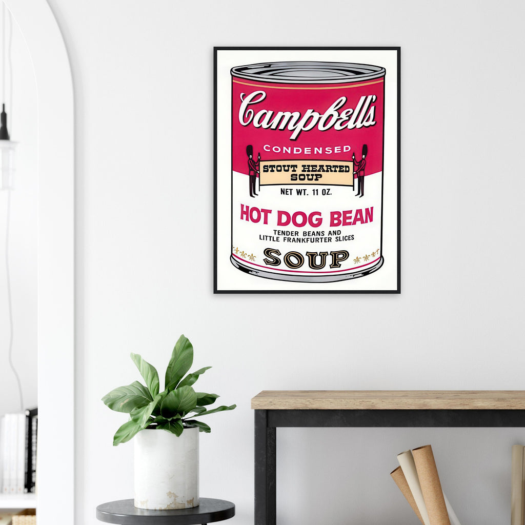 Andy Warhol framed print depicting the instantly legible soup-can silhouette, packaging lettering and product name create a highly recognizable commercial composition