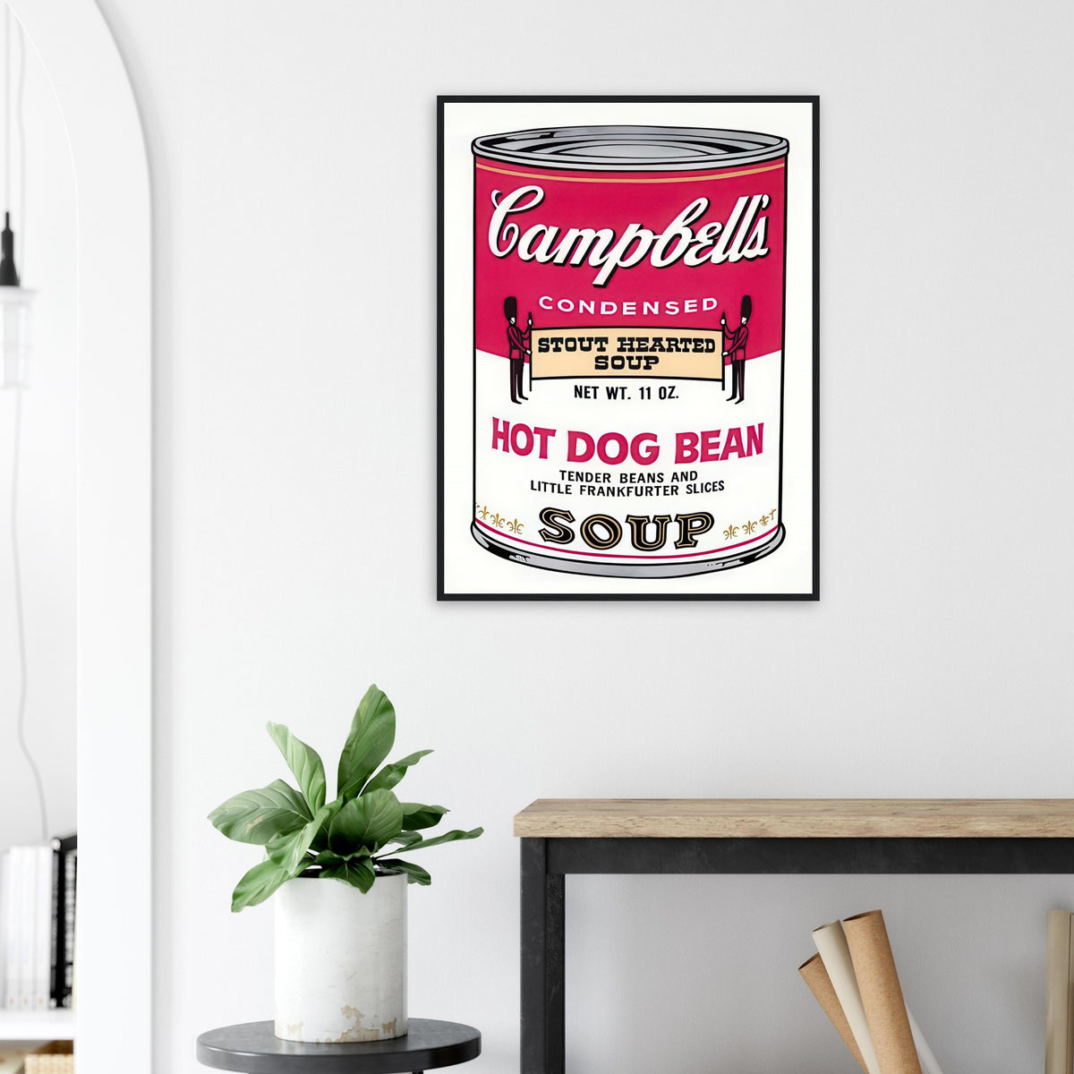 Andy Warhol framed print depicting the instantly legible soup-can silhouette, packaging lettering and product name create a highly recognizable commercial composition