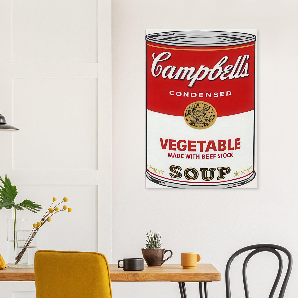 Andy Warhol canvas print depicting the instantly legible soup-can silhouette, packaging lettering and product name create a highly recognizable commercial composition