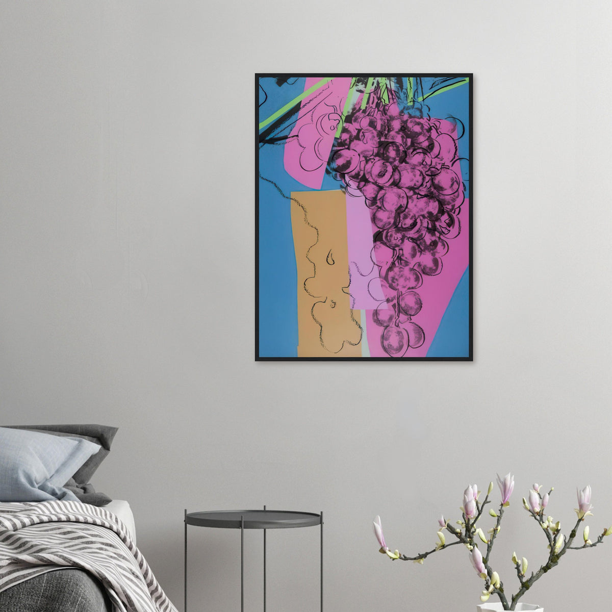 Andy Warhol framed print depicting rounded grape forms and flowing stems provide a decorative rhythm, while the composition feels more graphic than naturalistic
