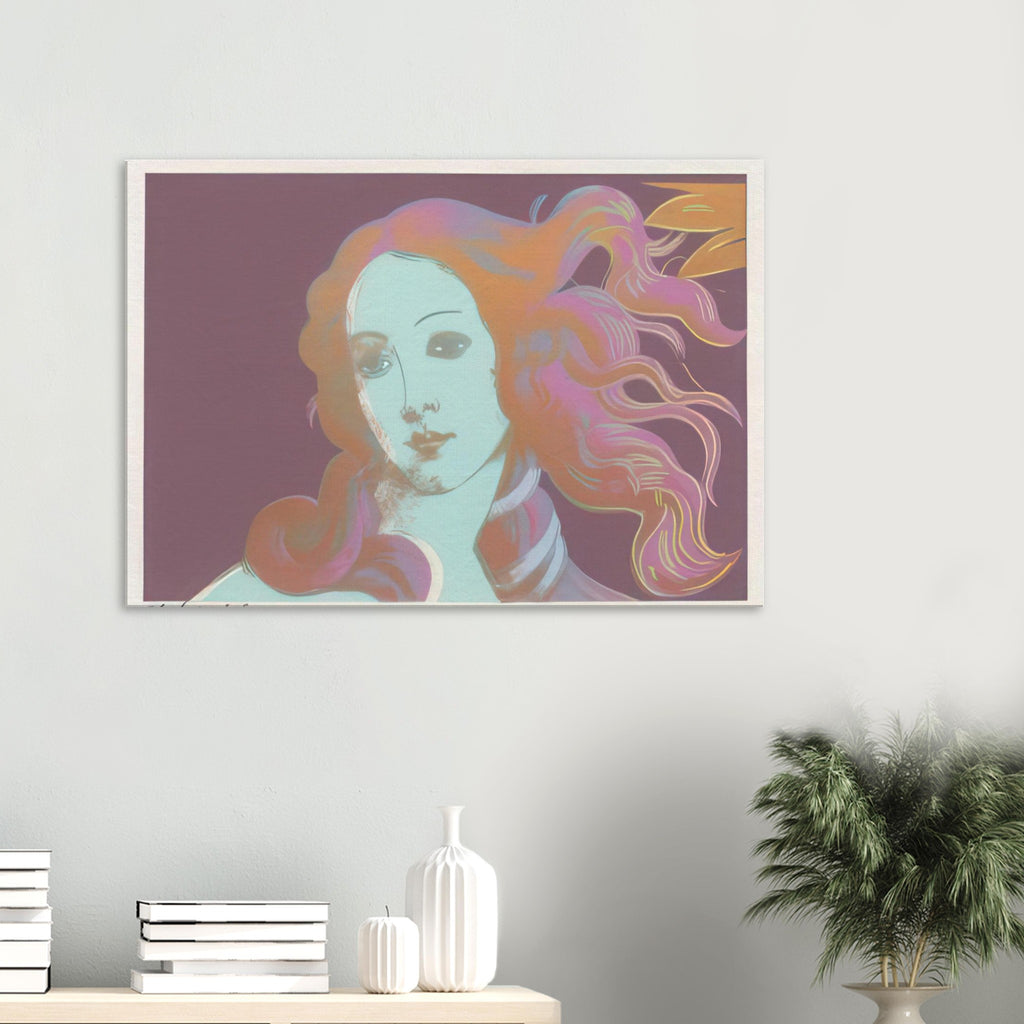 Andy Warhol canvas print depicting venus emerging from the sea in a detail from the Renaissance painting, a detail that connects the composition to its broader artistic subject