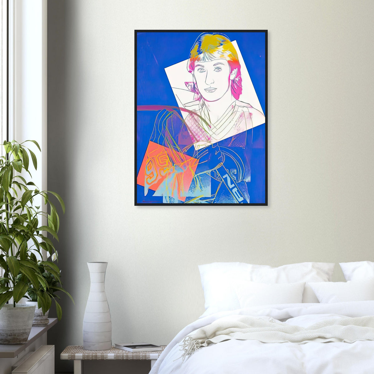 Andy Warhol framed print depicting a blue background and yellow linework frame layered imagery of Gretzky, emphasizing both his likeness and the rhythm of sport; Wayne Gretzky #99 presents the Canadian hockey player as a celebrity of sport