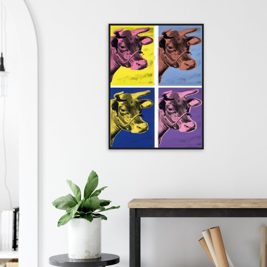 Andy Warhol framed print depicting the cow’s face becomes a bold graphic presence, replacing the gentle mood of traditional animal painting with irreverent visual impact