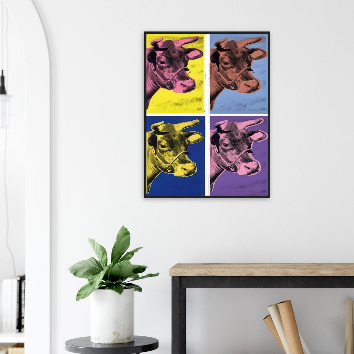 Andy Warhol framed print depicting the cow’s face becomes a bold graphic presence, replacing the gentle mood of traditional animal painting with irreverent visual impact