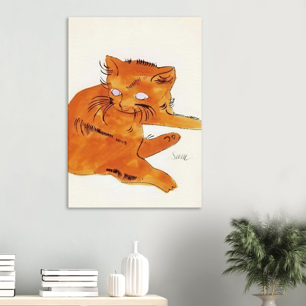 Andy Warhol canvas print depicting a spare contour drawing gives the animal its personality, while uncomplicated forms keep the focus on the cat’s outline and pose
