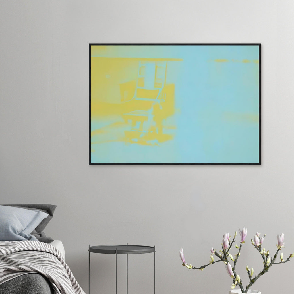 Andy Warhol framed print depicting the stark chair, its surroundings and the tense emptiness of the room, a detail that connects the composition to its broader artistic subject
