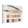 Andy Warhol canvas print depicting the compact arrangement of a watercolor painting set, a detail that connects the composition to its broader artistic subject, 20x30 cm / 8x12″