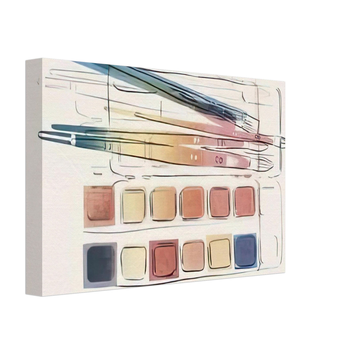 Andy Warhol canvas print depicting the compact arrangement of a watercolor painting set, a detail that connects the composition to its broader artistic subject, 20x30 cm / 8x12″