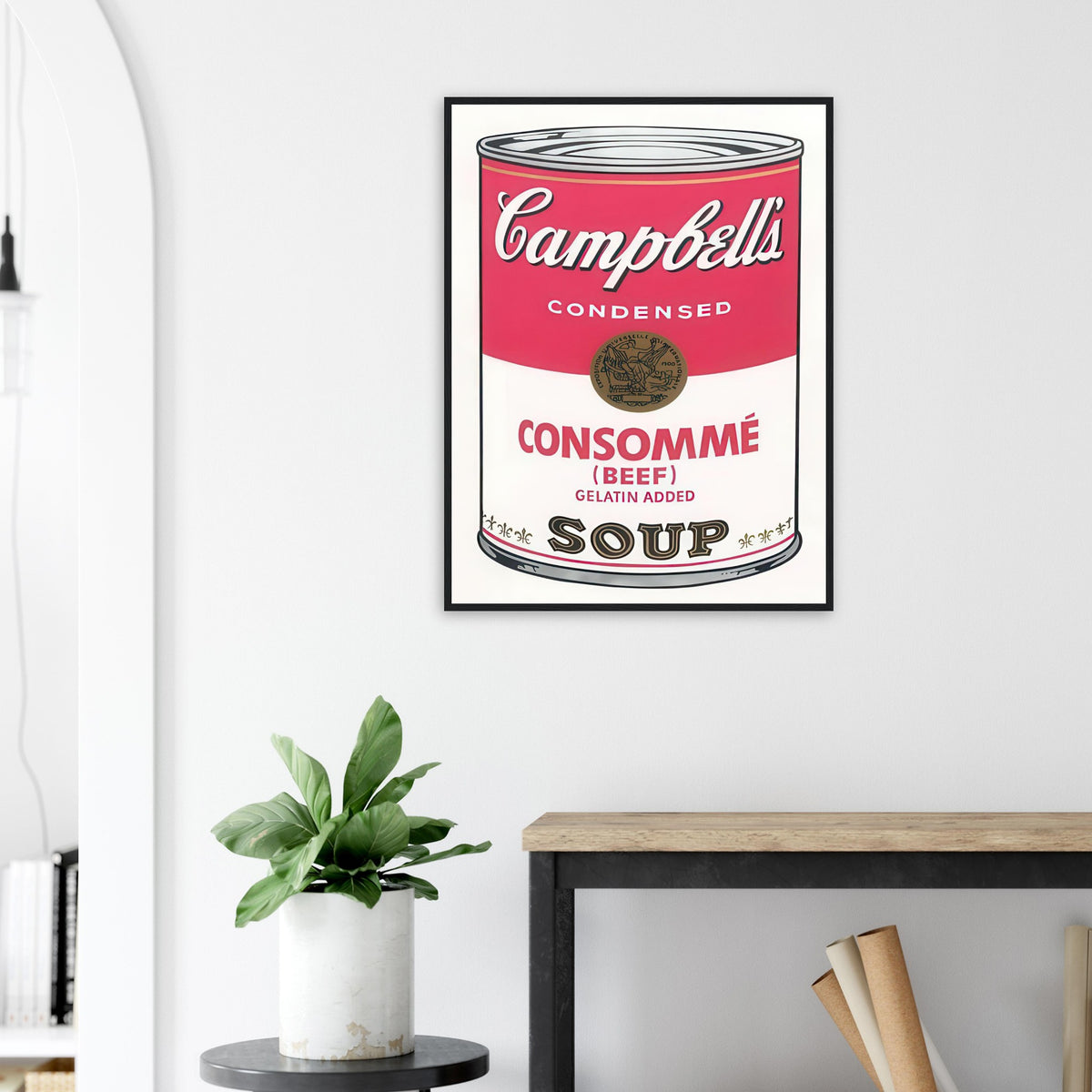 Andy Warhol framed print depicting the instantly legible soup-can silhouette, packaging lettering and product name create a highly recognizable commercial composition