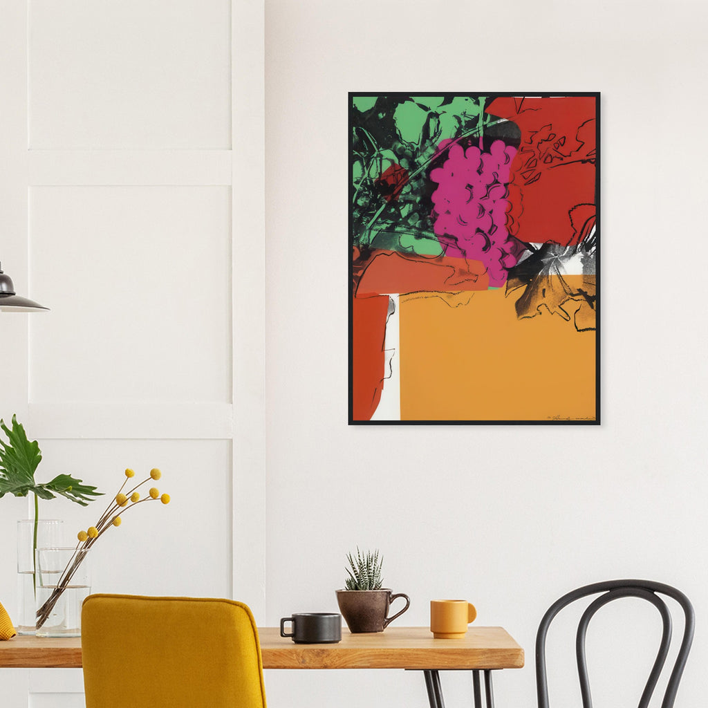 Andy Warhol framed print depicting rounded grape forms and flowing stems provide a decorative rhythm, while the composition feels more graphic than naturalistic