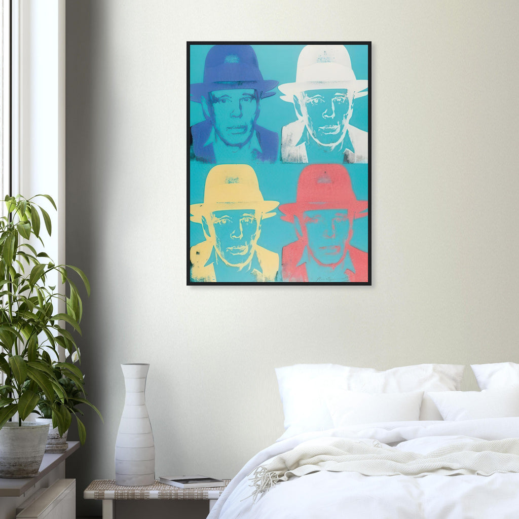 Andy Warhol framed print depicting beuys faces the viewer wearing his characteristic brimmed felt hat; Warhol portrayed fellow artist Joseph Beuys after photographing him in 1979