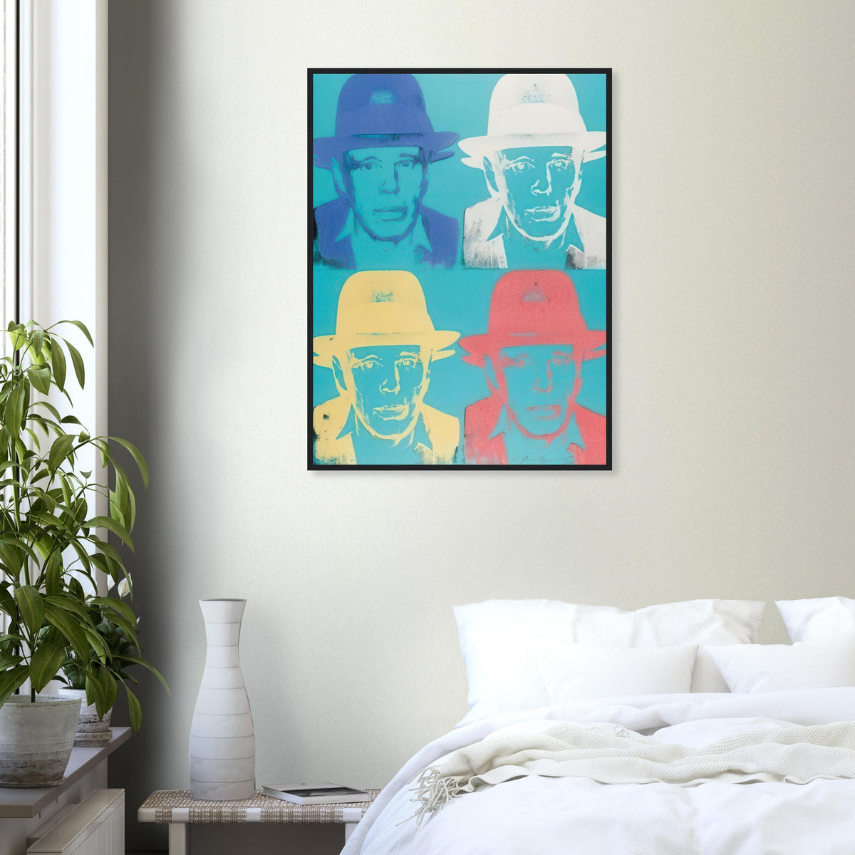 Andy Warhol framed print depicting beuys faces the viewer wearing his characteristic brimmed felt hat; Warhol portrayed fellow artist Joseph Beuys after photographing him in 1979