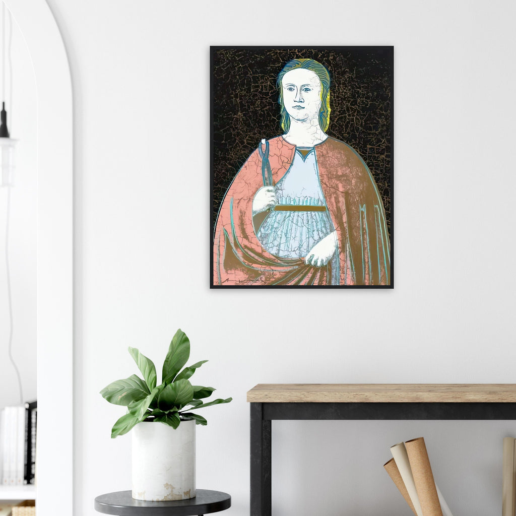Andy Warhol framed print depicting the saint’s solemn presence, her symbolic attribute and the cracked appearance of the source painting remain visible; Warhol’s Saint Apollonia portfolio draws upon a Renaissance devotional image associated with Piero della