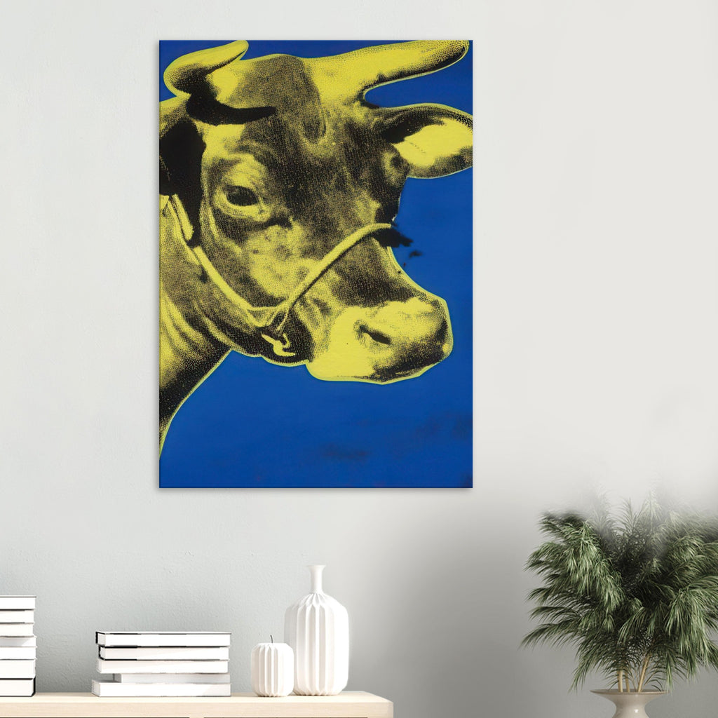Andy Warhol canvas print depicting the cow’s face becomes a bold graphic presence, replacing the gentle mood of traditional animal painting with irreverent visual impact