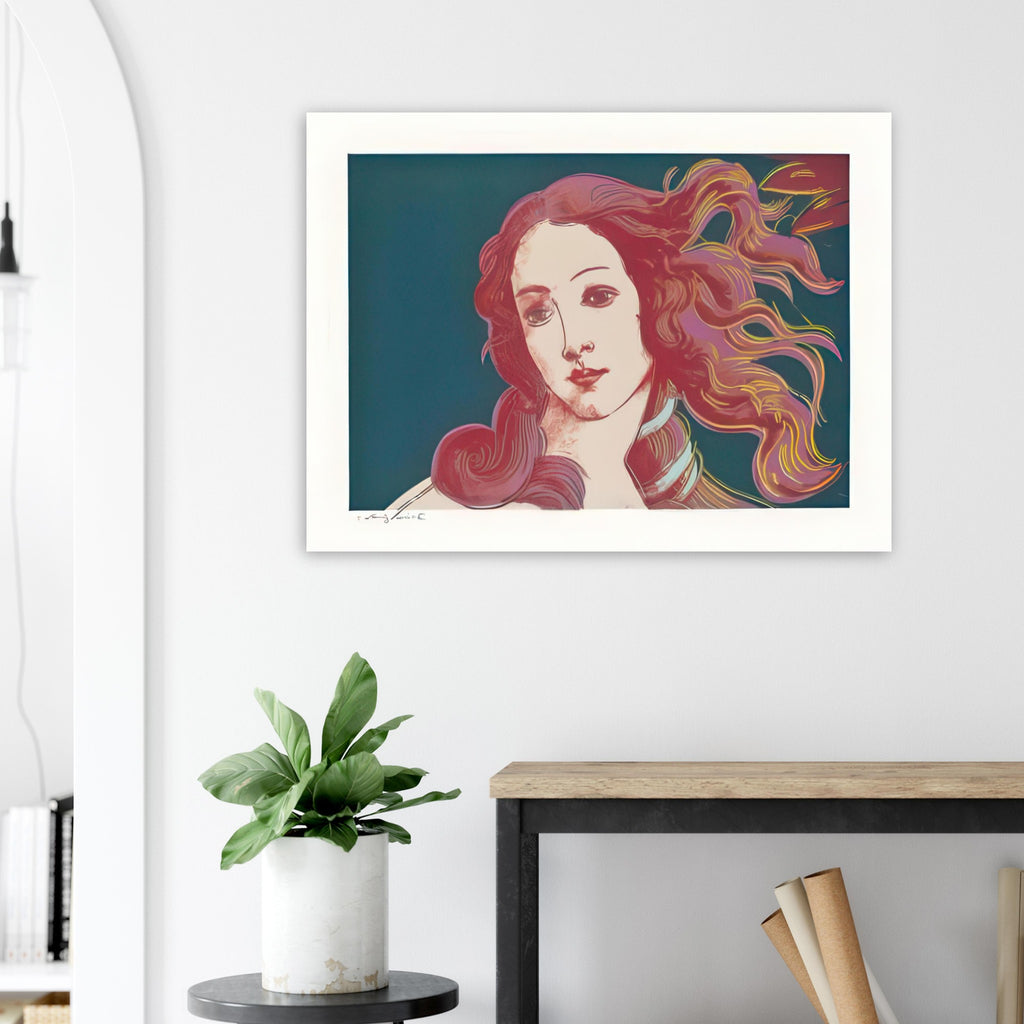 Andy Warhol poster depicting venus emerging from the sea in a detail from the Renaissance painting, a detail that connects the composition to its broader artistic subject