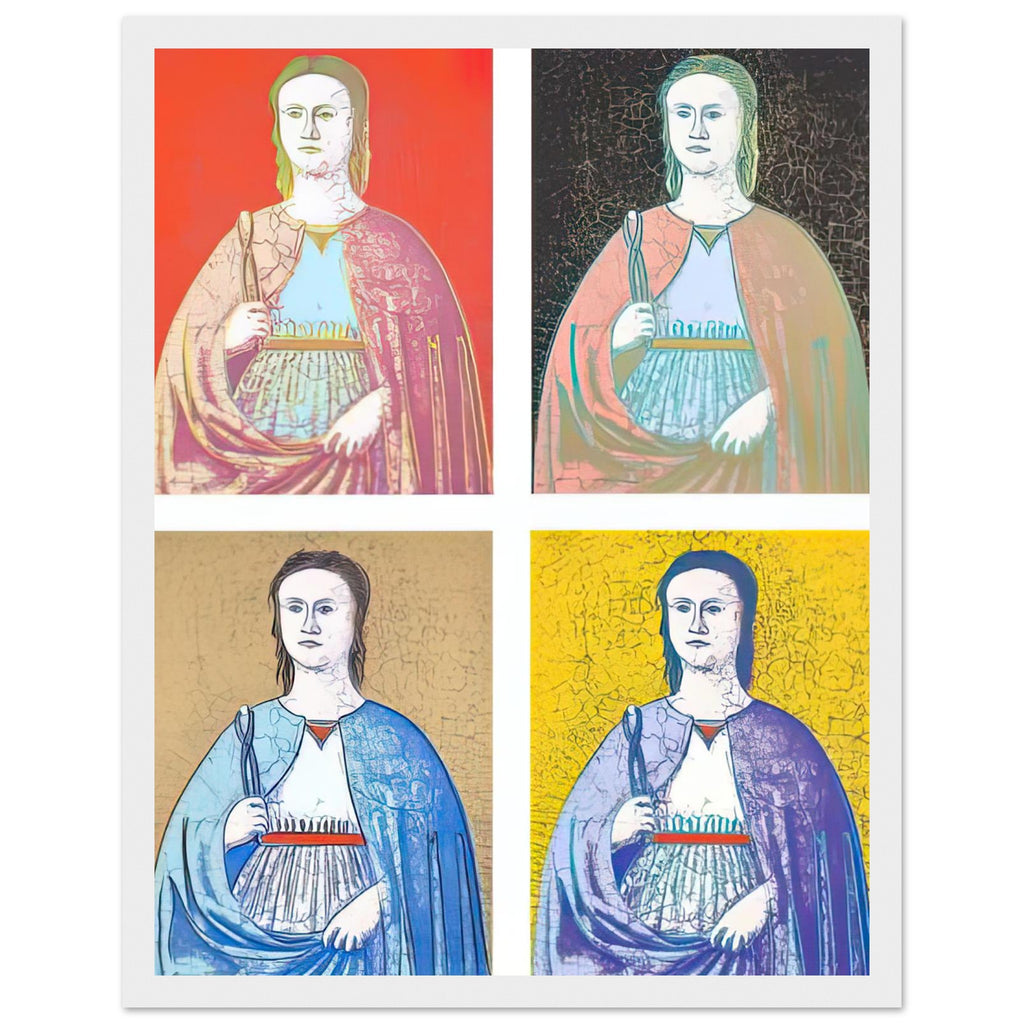Andy Warhol framed print depicting the saint’s solemn presence, her symbolic attribute and the cracked appearance of the source painting remain visible; Warhol’s Saint Apollonia portfolio draws upon a Renaissance devotional image associated with Piero della, white frame, 27x35 cm / 11x14″