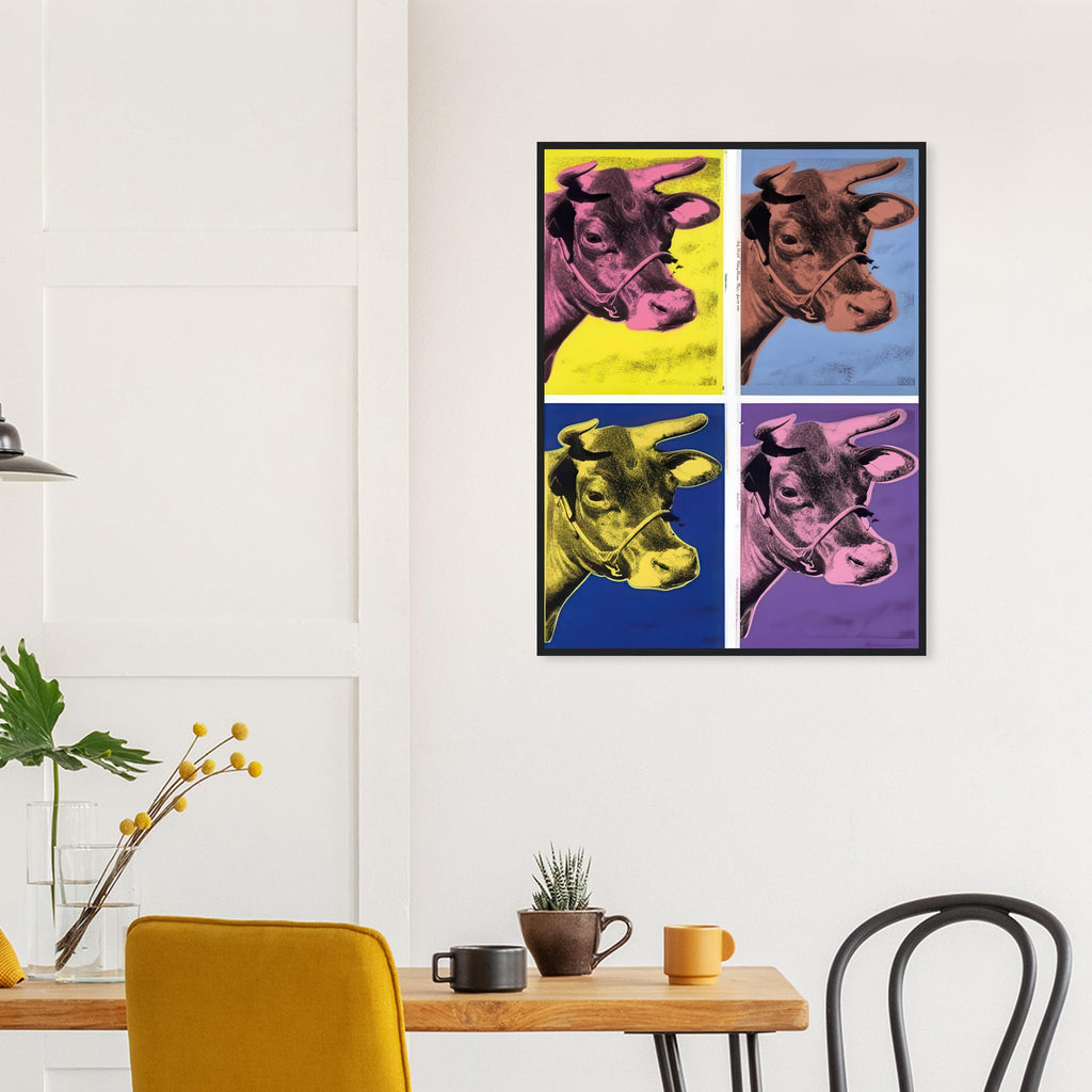 Andy Warhol framed print depicting the cow’s face becomes a bold graphic presence, replacing the gentle mood of traditional animal painting with irreverent visual impact