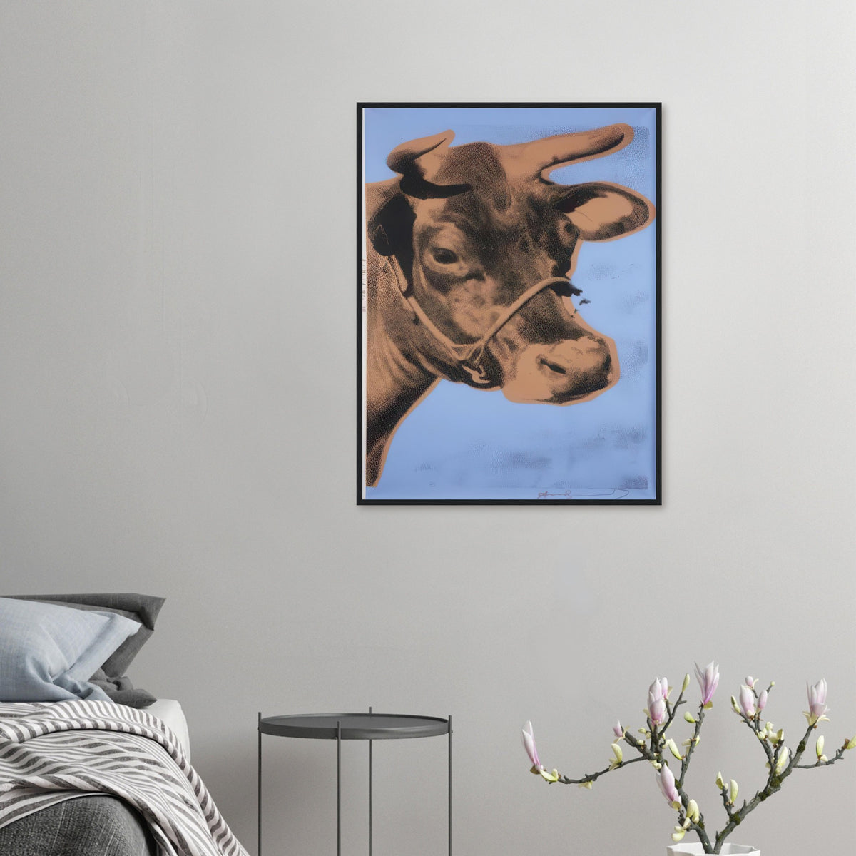 Andy Warhol framed print depicting the cow’s face becomes a bold graphic presence, replacing the gentle mood of traditional animal painting with irreverent visual impact