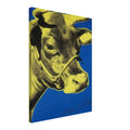 Andy Warhol canvas print depicting the cow’s face becomes a bold graphic presence, replacing the gentle mood of traditional animal painting with irreverent visual impact, 45x60 cm / 18x24″