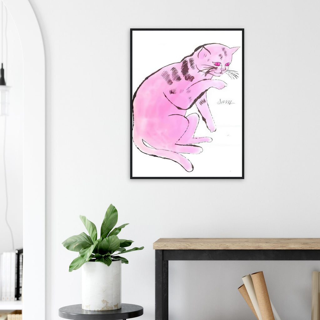 Andy Warhol framed print depicting a spare contour drawing gives the animal its personality, while uncomplicated forms keep the focus on the cat’s outline and pose