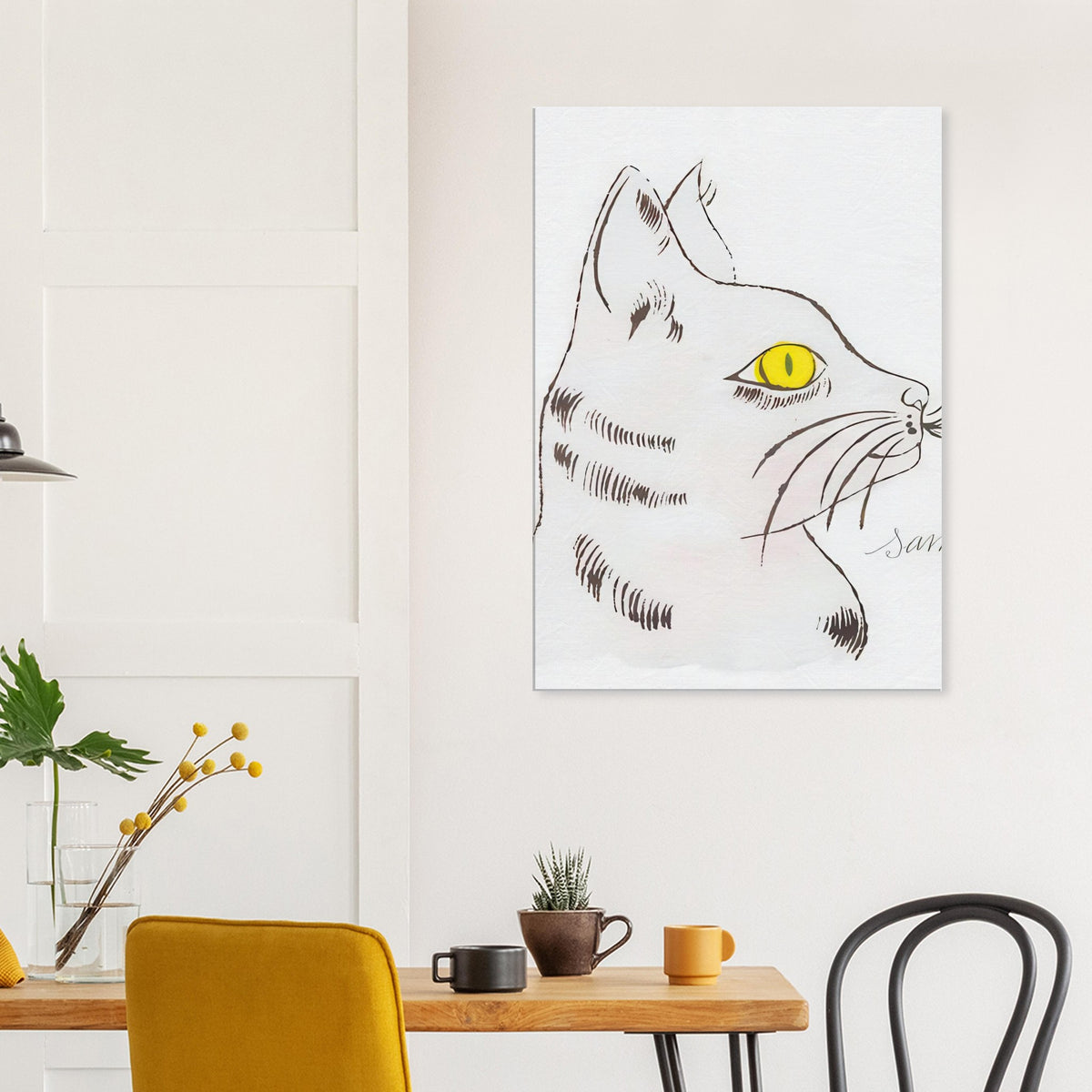 Andy Warhol canvas print depicting a spare contour drawing gives the animal its personality, while uncomplicated forms keep the focus on the cat’s outline and pose