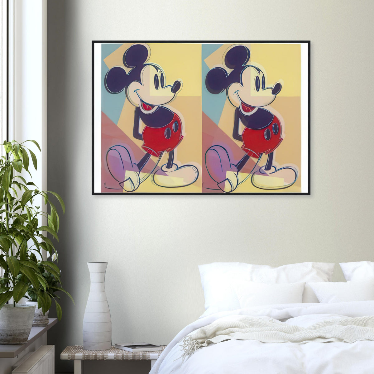 Andy Warhol framed print depicting paired versions of Disney’s recognizable cartoon character, a detail that connects the composition to its broader artistic subject