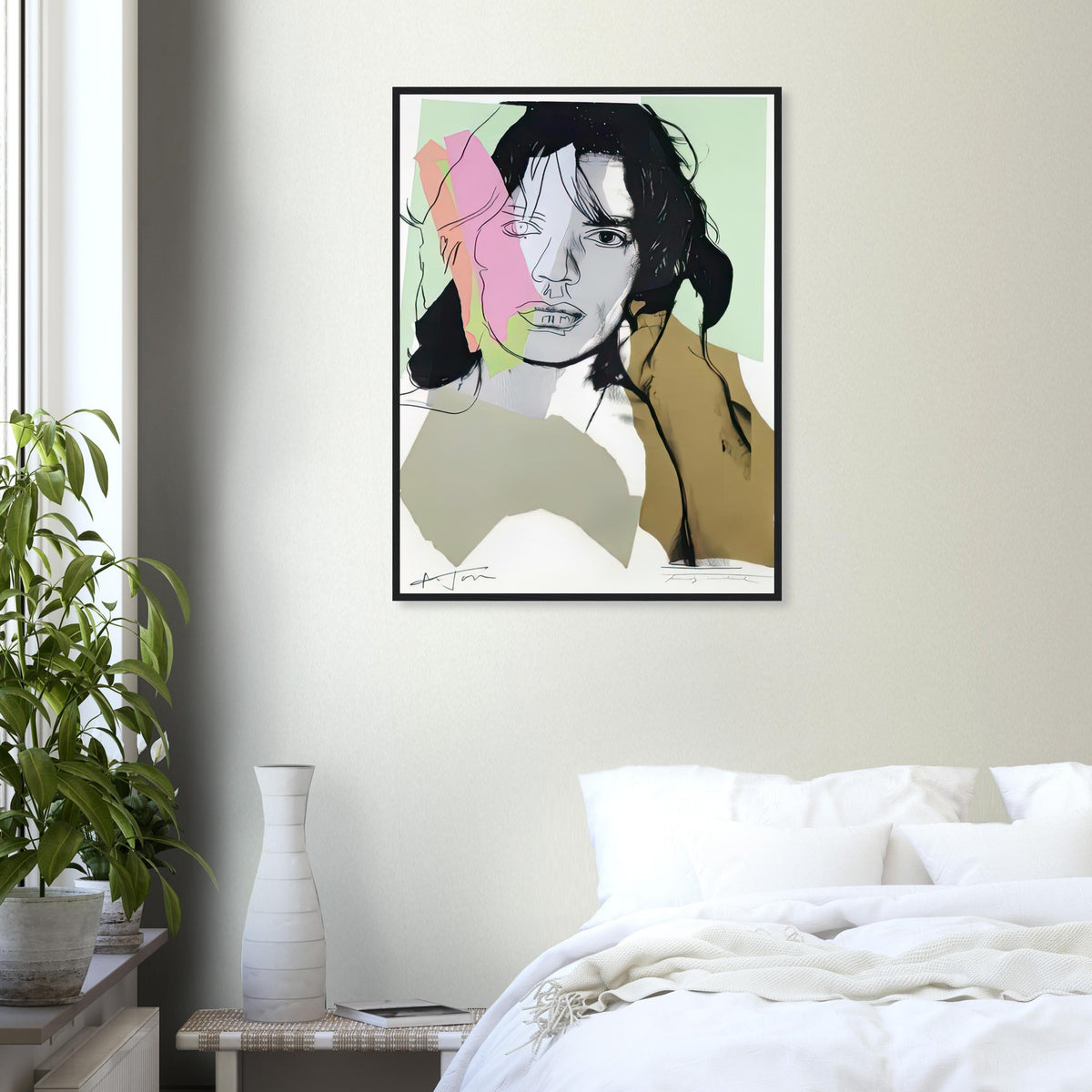 Andy Warhol framed print depicting only fragments of the original photographic shading and hair are retained beneath reintroduced outlines and collage-like colour shapes; Warhol’s ten Mick Jagger portraits followed a long friendship with the Rolling Stones singer, including
