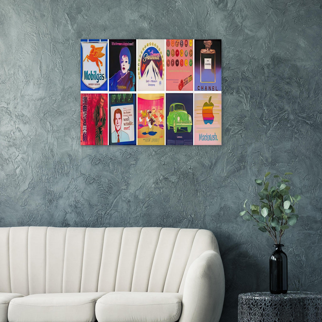 Andy Warhol poster depicting familiar commercial graphics turned into a composed art image, a detail that connects the composition to its broader artistic subject