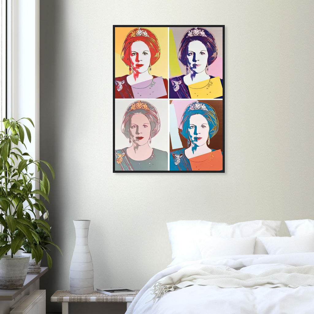 Andy Warhol framed print depicting this work depicts Queen Beatrix of the Netherlands; The Reigning Queens portfolio presented four women who held ruling power in their own right: Elizabeth