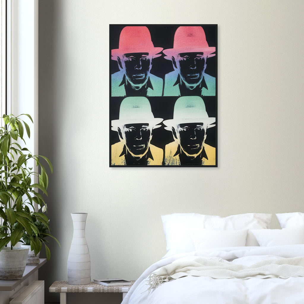 Andy Warhol framed print depicting beuys faces the viewer wearing his characteristic brimmed felt hat; Warhol portrayed fellow artist Joseph Beuys after photographing him in 1979