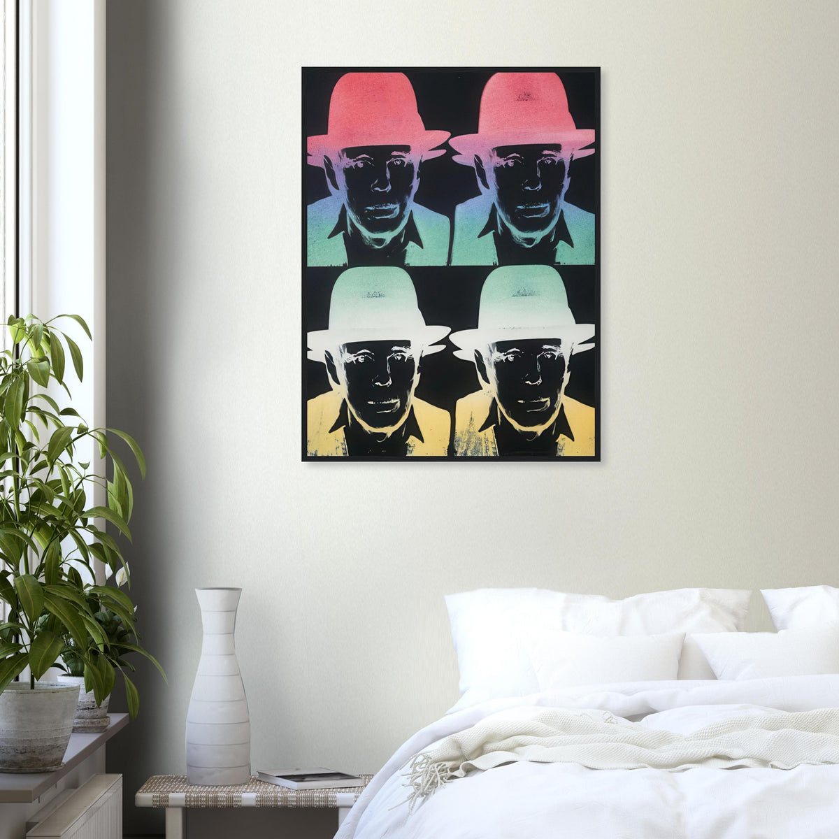 Andy Warhol framed print depicting beuys faces the viewer wearing his characteristic brimmed felt hat; Warhol portrayed fellow artist Joseph Beuys after photographing him in 1979