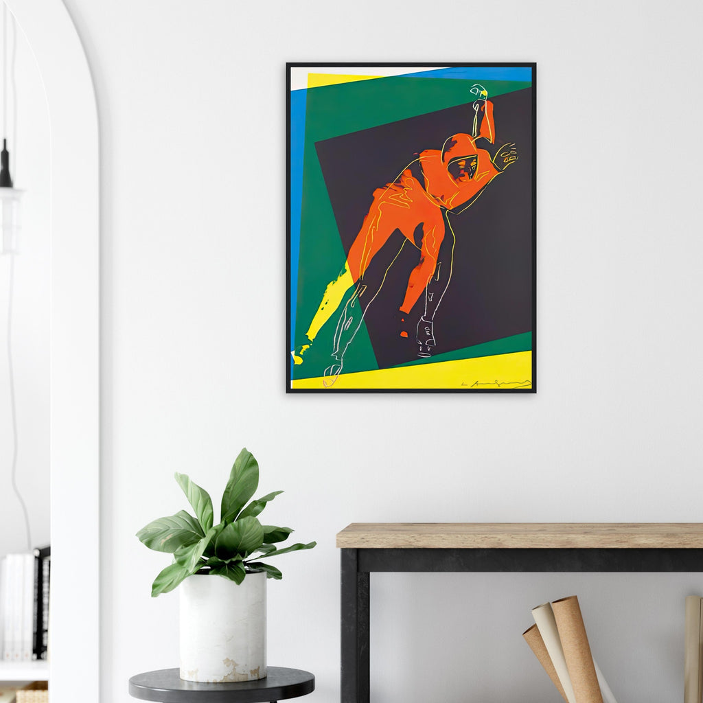Andy Warhol framed print depicting an ice skater appears to project forward from a dark square, surrounded by rapid overlapping colour and fluid drawn outlines; Speed Skater was created for an art project connected with the 1984 Sarajevo Winter Olympics