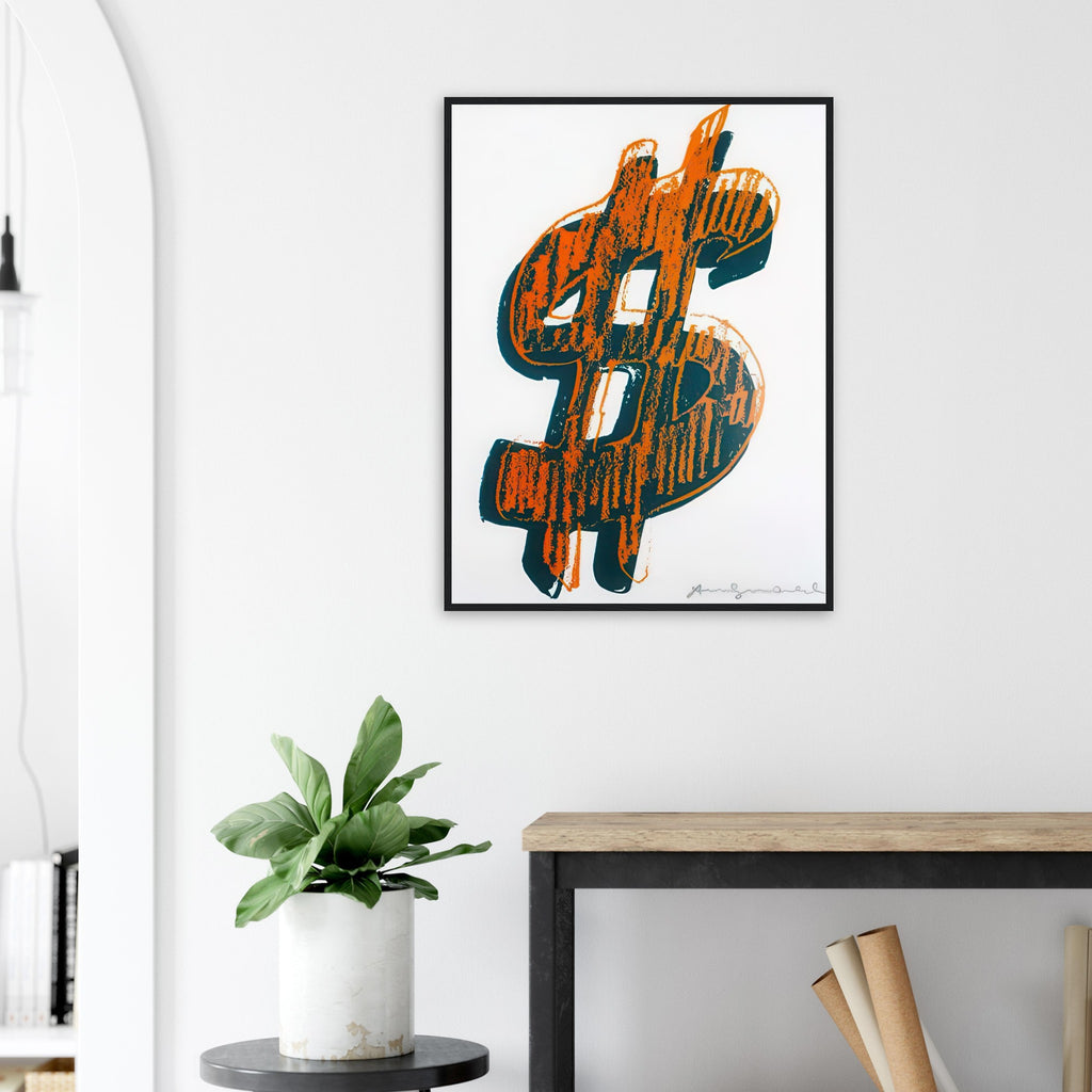 Andy Warhol framed print depicting the repeated or isolated currency mark operates like a logo: simple, recognizable and assertive