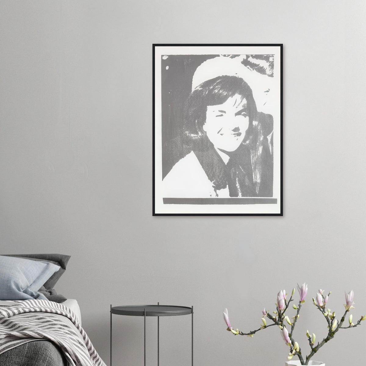 Andy Warhol framed print depicting the restrained crop emphasizes Jackie Kennedy’s face and its emotional resonance, demonstrating how a seemingly simple portrait can carry a powerful media history