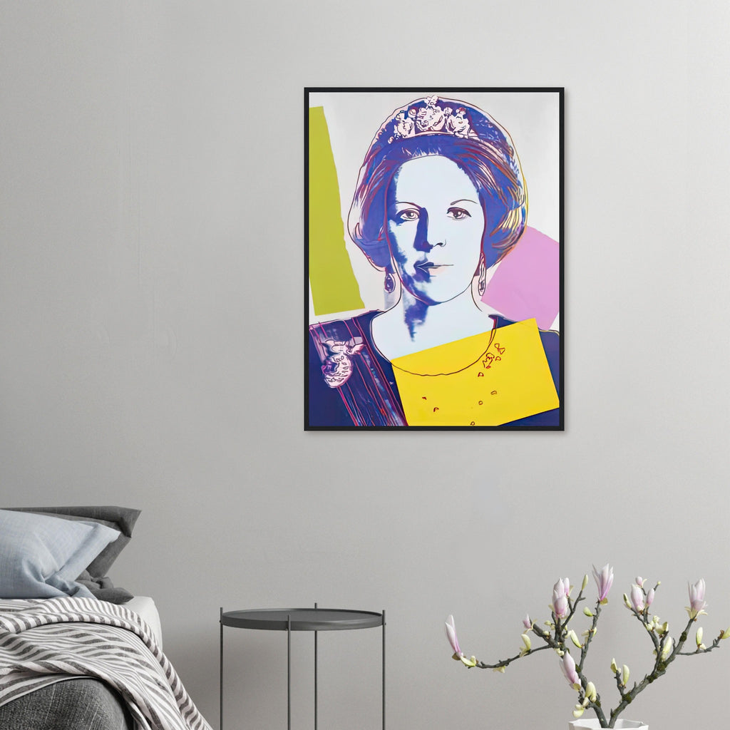 Andy Warhol framed print depicting this work depicts Queen Beatrix of the Netherlands; The Reigning Queens portfolio presented four women who held ruling power in their own right: Elizabeth