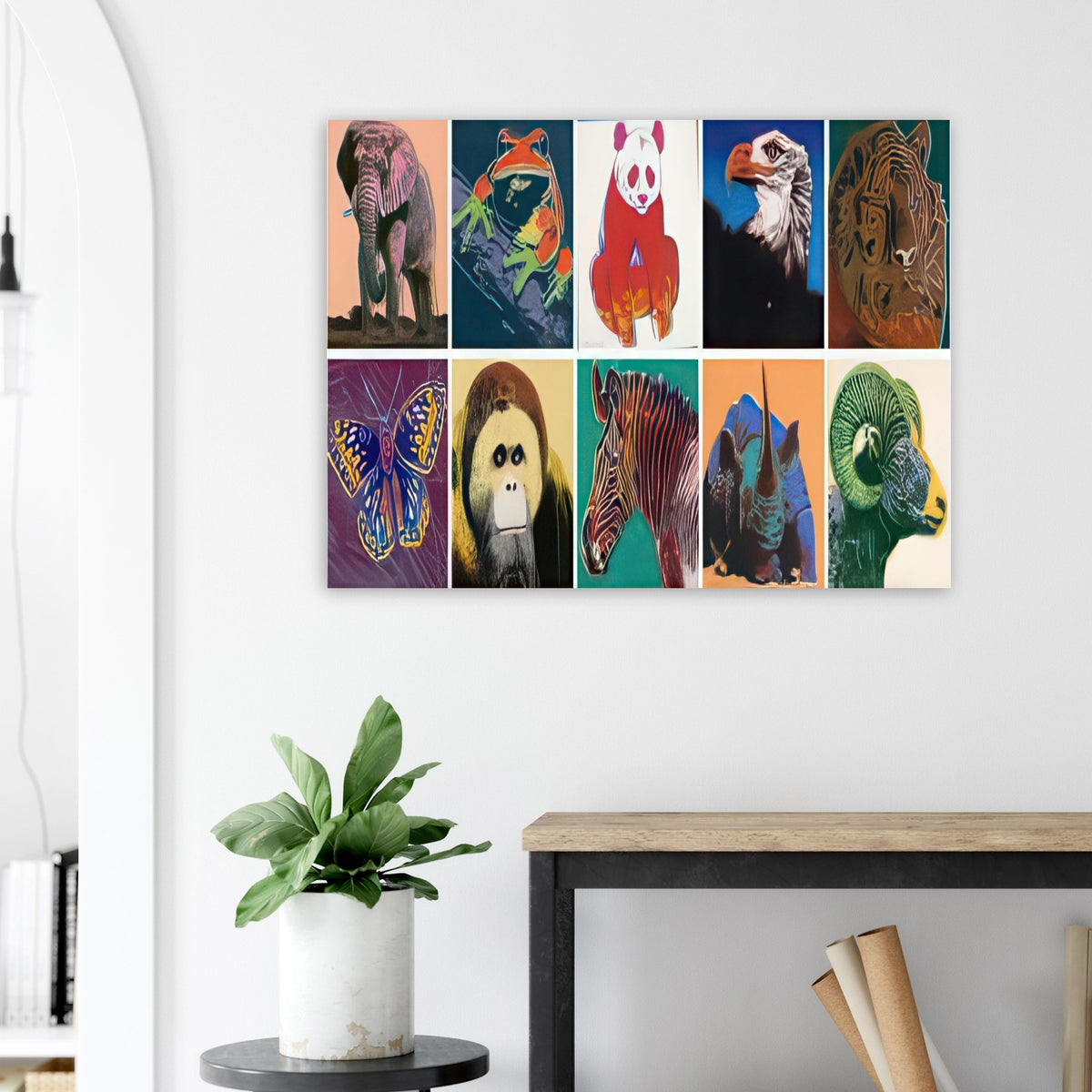 Andy Warhol poster depicting a group of wildlife portraits treated with striking graphic emphasis, a detail that connects the composition to its broader artistic subject