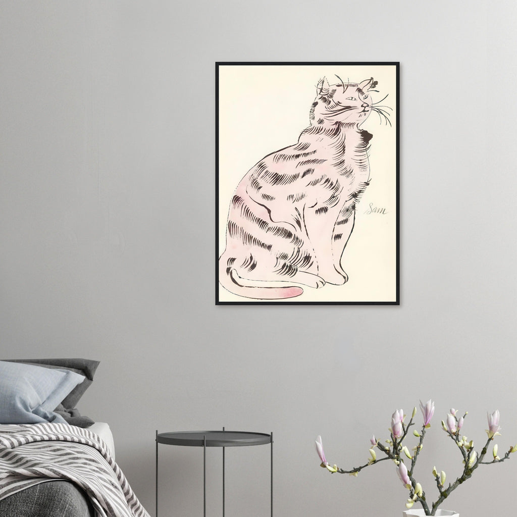 Andy Warhol framed print depicting a spare contour drawing gives the animal its personality, while uncomplicated forms keep the focus on the cat’s outline and pose