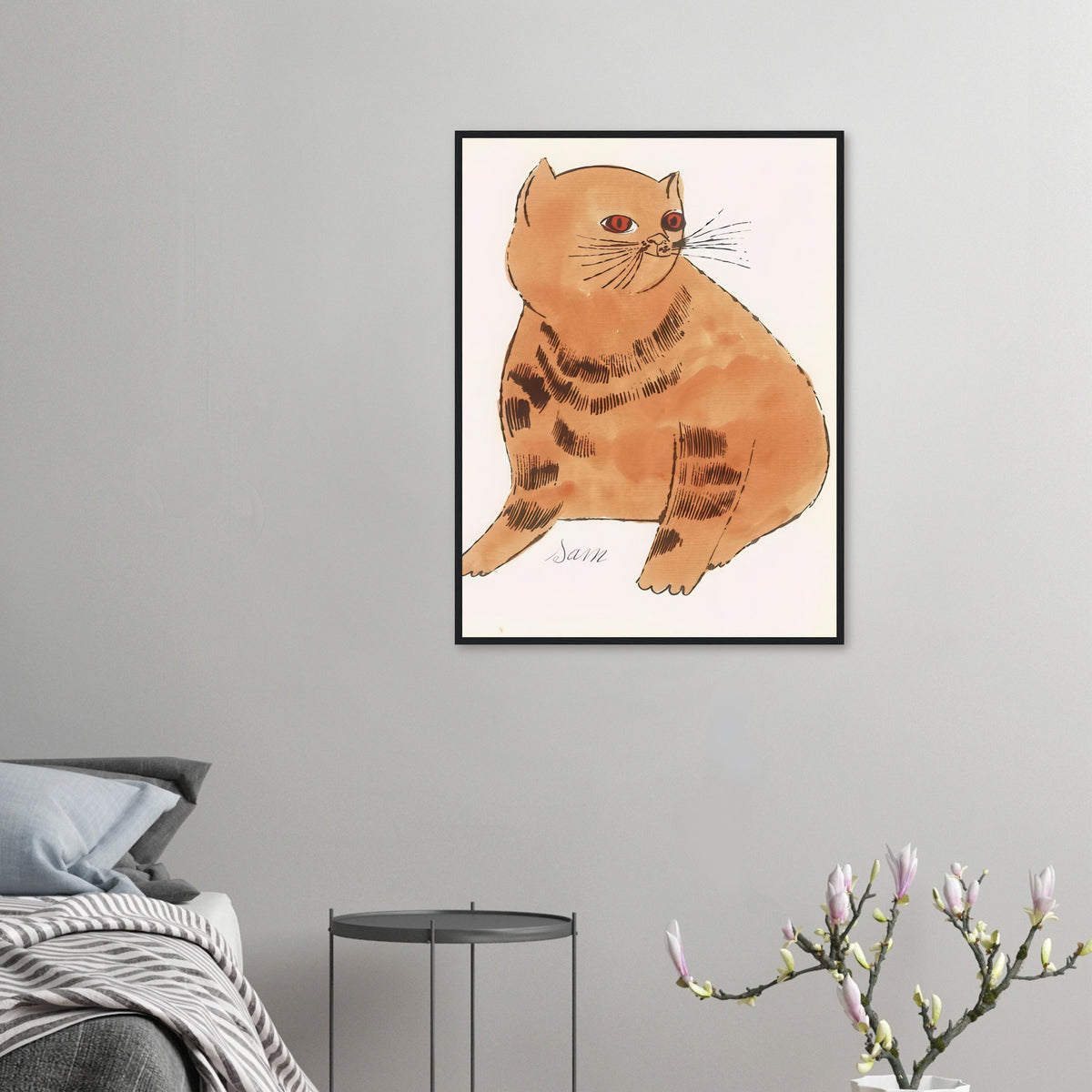 Andy Warhol framed print depicting a spare contour drawing gives the animal its personality, while uncomplicated forms keep the focus on the cat’s outline and pose