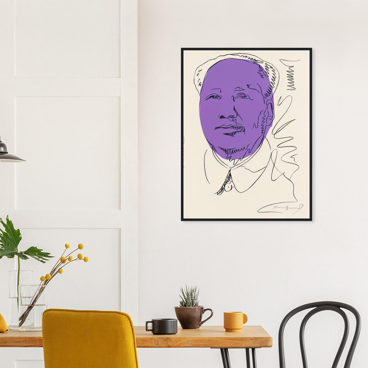Andy Warhol framed print depicting the official frontal likeness becomes the foundation for freely manipulated colour; Warhol’s Mao portraiture grew from the vast circulation of the Chinese leader’s official image and the