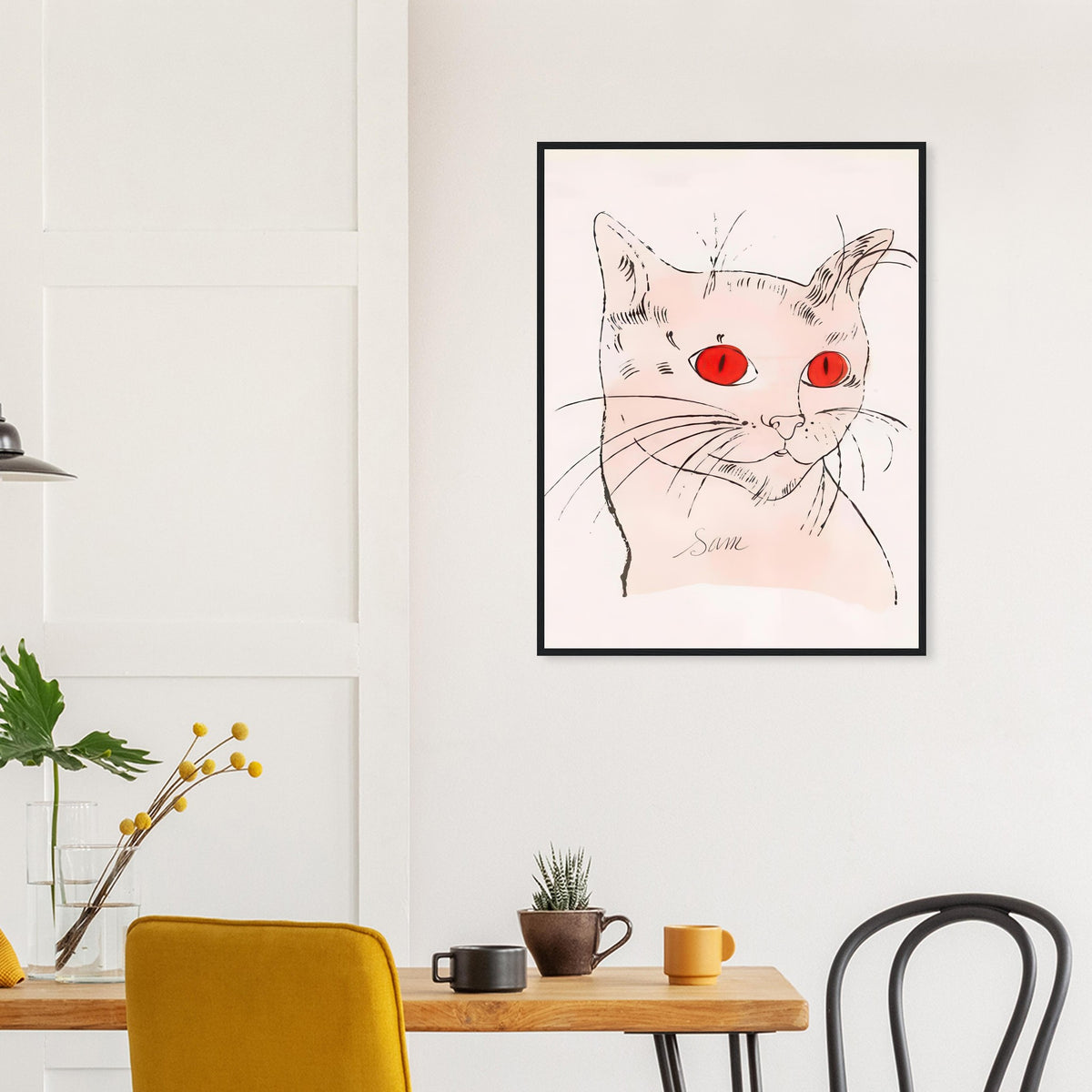 Andy Warhol framed print depicting a spare contour drawing gives the animal its personality, while uncomplicated forms keep the focus on the cat’s outline and pose