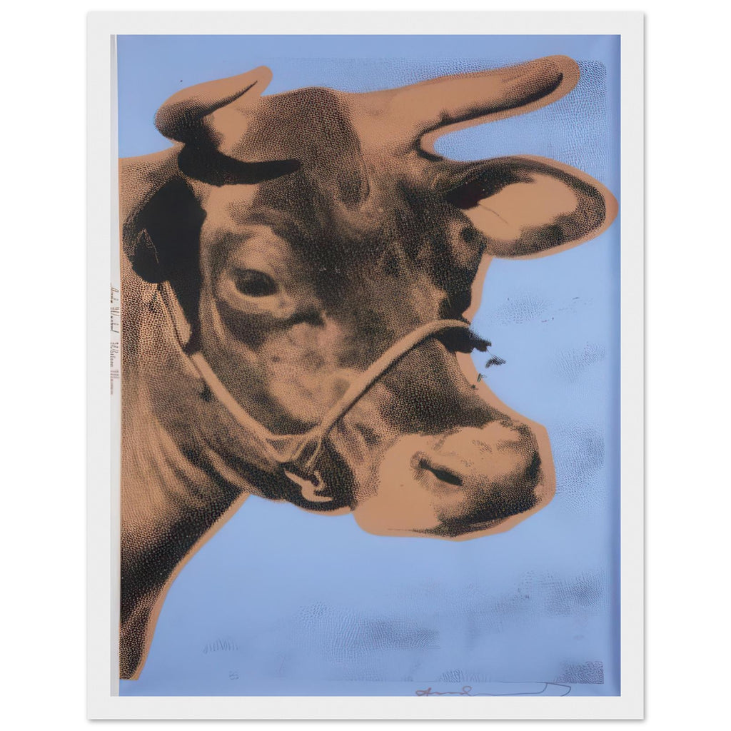 Andy Warhol framed print depicting the cow’s face becomes a bold graphic presence, replacing the gentle mood of traditional animal painting with irreverent visual impact, white frame, 27x35 cm / 11x14″