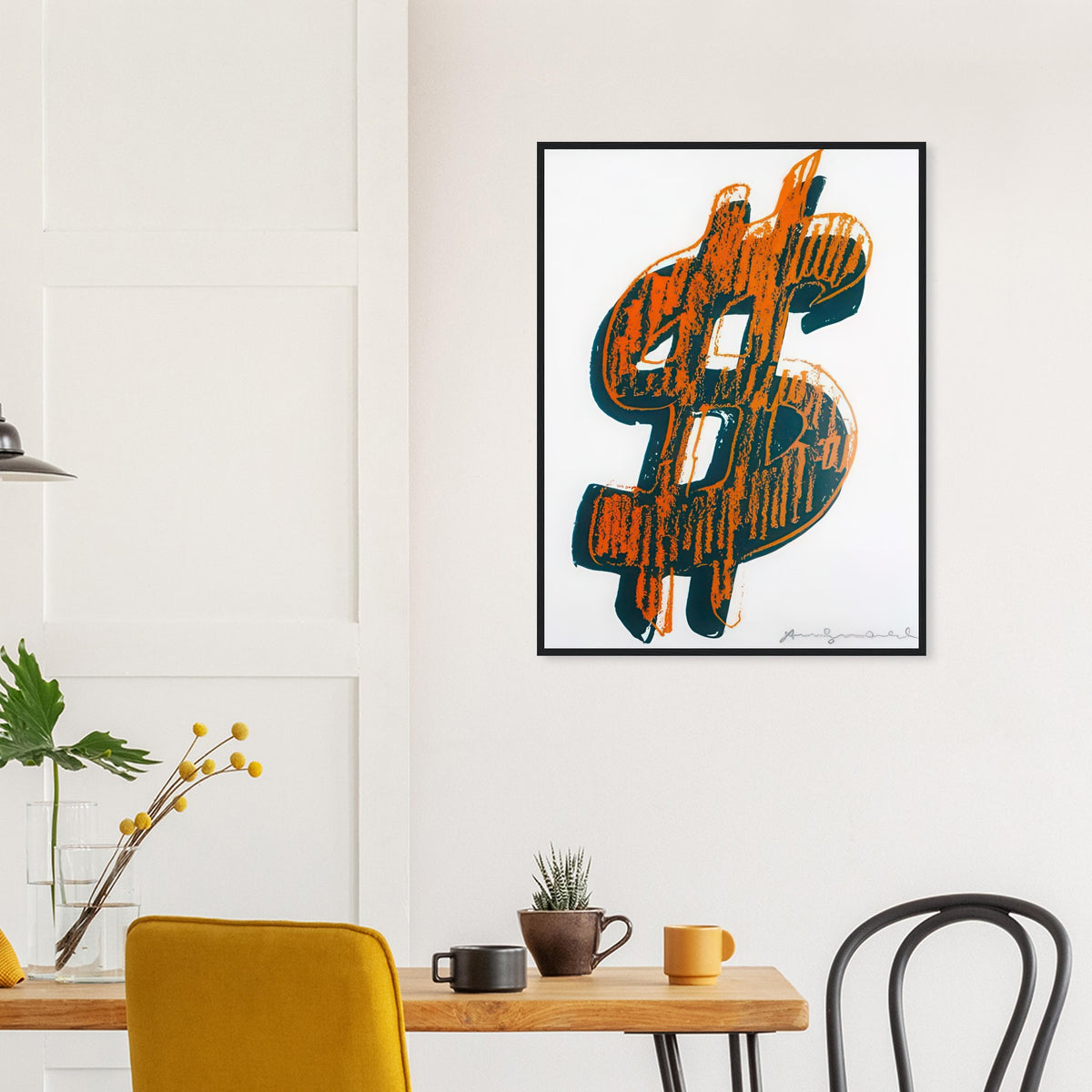 Andy Warhol framed print depicting the repeated or isolated currency mark operates like a logo: simple, recognizable and assertive