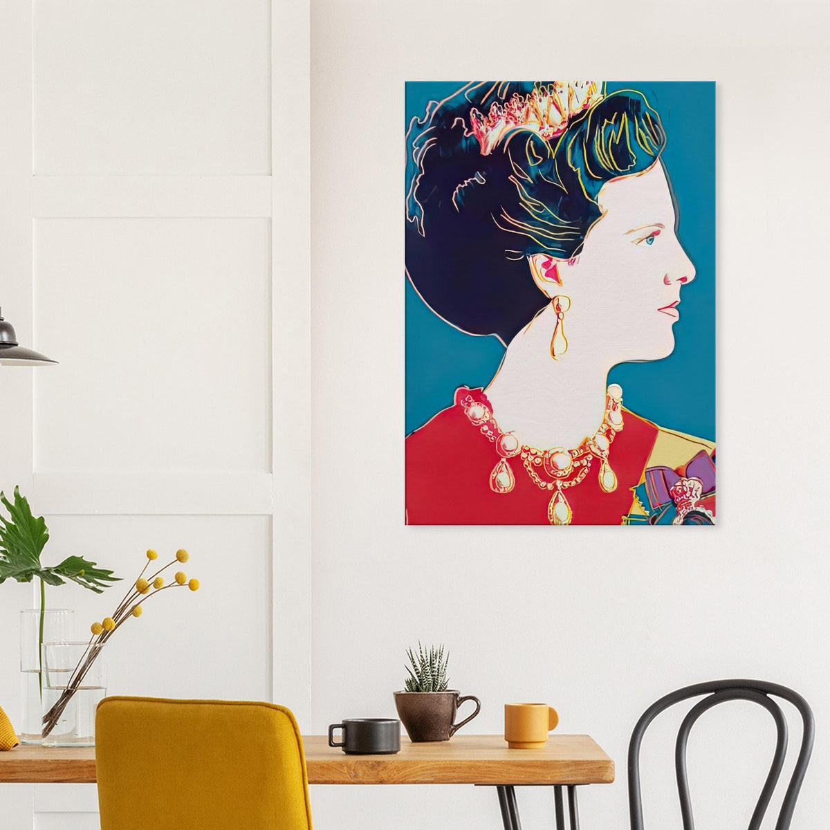 Andy Warhol canvas print depicting the recognizable royal portrait becomes a strong graphic focal point