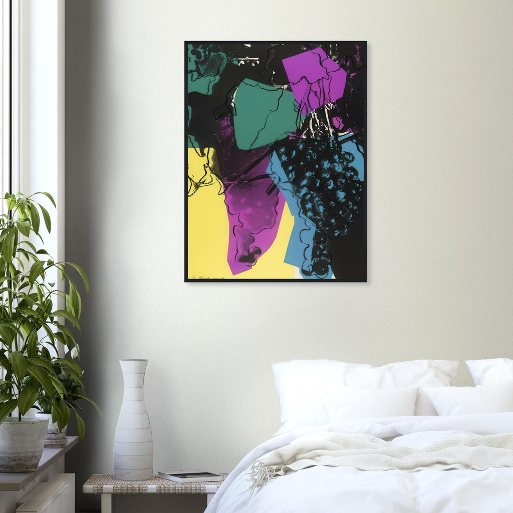 Andy Warhol framed print depicting rounded grape forms and flowing stems provide a decorative rhythm, while the composition feels more graphic than naturalistic