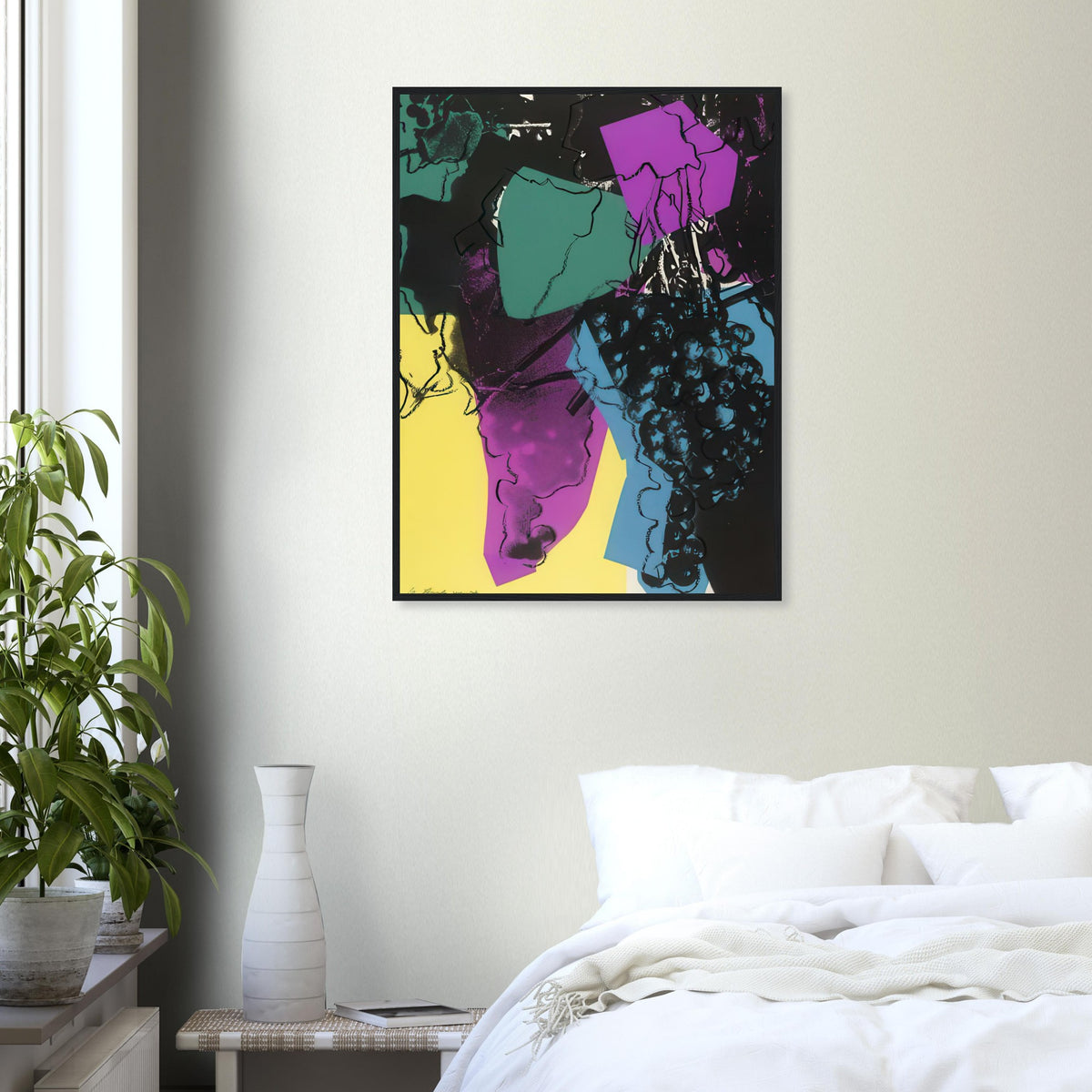 Andy Warhol framed print depicting rounded grape forms and flowing stems provide a decorative rhythm, while the composition feels more graphic than naturalistic
